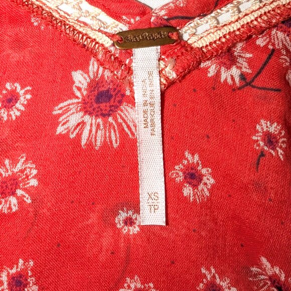 Free People | Never A Dull Moment Blouse Coral Red Peasant Floral Top | Size XS - Picture 7 of 10